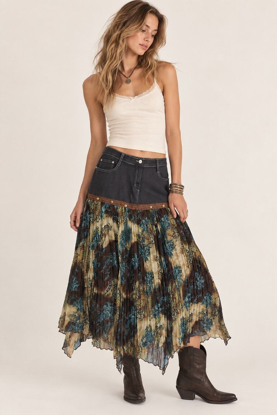 Women XL Denim Chiffon Maxi Skirt Boho Patchwork Y2K Festival Fairy Grunge